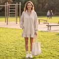 thumbnail image 4 of Womens Half Zip Stand Collar Ruffle Hem Mini Sweatshirt Dress, Oversized Drop Shoulder Long Sleeve Loose Casual Street Loungewear Short Dress S, 4 of 7