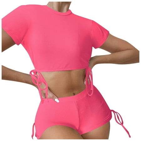 Swimsuits Women Conservative Solid Short Sleeve Tie Front Bikini Set Two Piece Red Womens Bathing Suits M