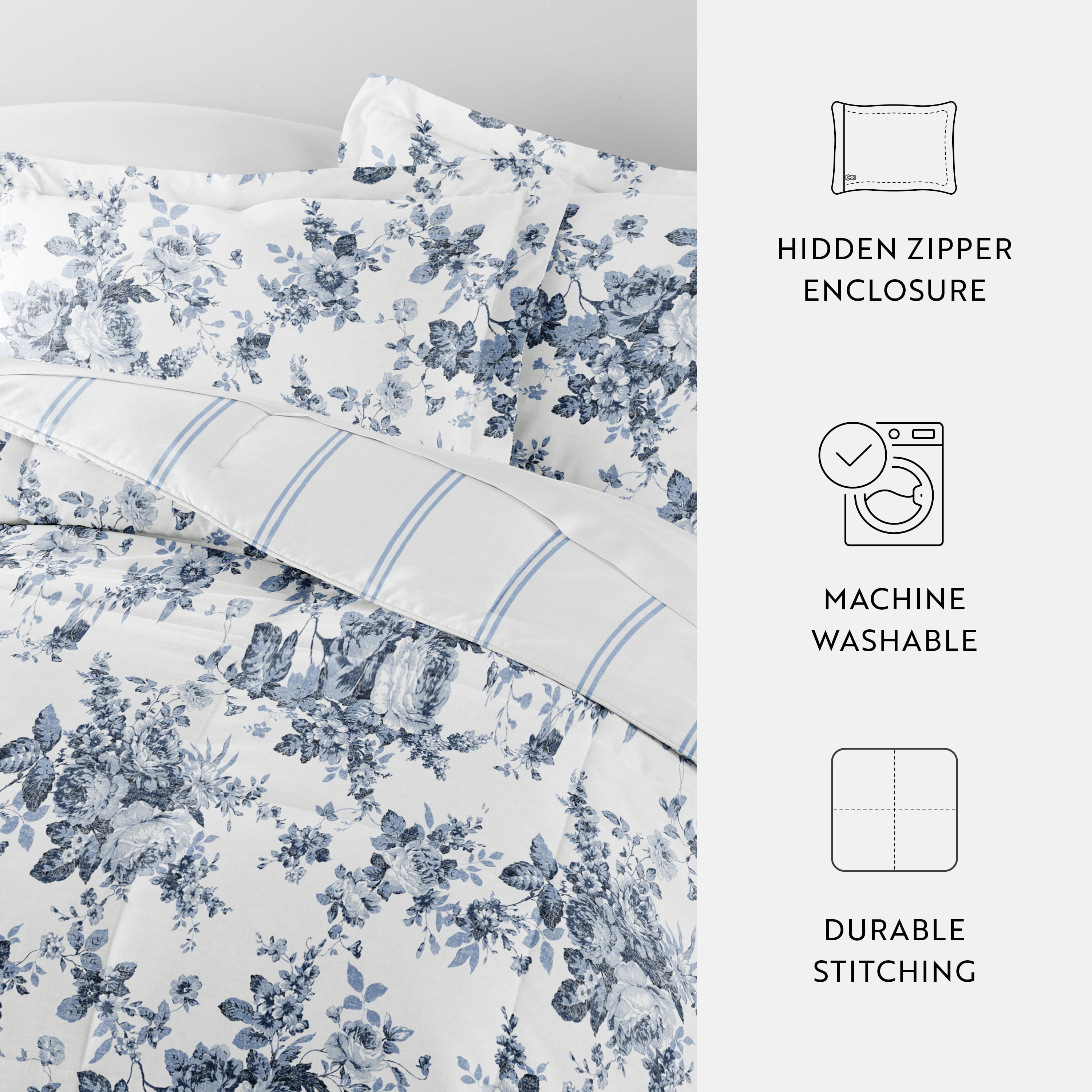 Noble Linens Down Alternative Cabbage Rose Stripe Stone Reversible Comforter Set