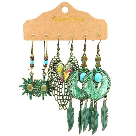 Ethnic Style Hollow Alloy Women Earrings Turquoise Stone Fringe Earring Set Bohemian Fashion Jewelry Gift Idea for Women