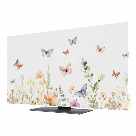 Indoor TV Cover 75 Inch, Spring Floral Elastic Monitor Dust Covers for Television, Desktop Computer Butterfly Summer Botanical Watercolor Dustproof Fitted TV Cover for Inside 65.4"L x 36.8"H