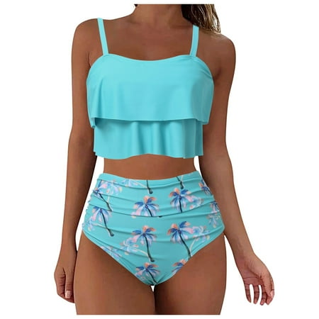 GEWSEY Bikini Set for Women Swimsuits 2025 Ruffle Tops and Floral Bottoms Swim Suit Bathing Suit Tankini Swimsuits Light Blue  M