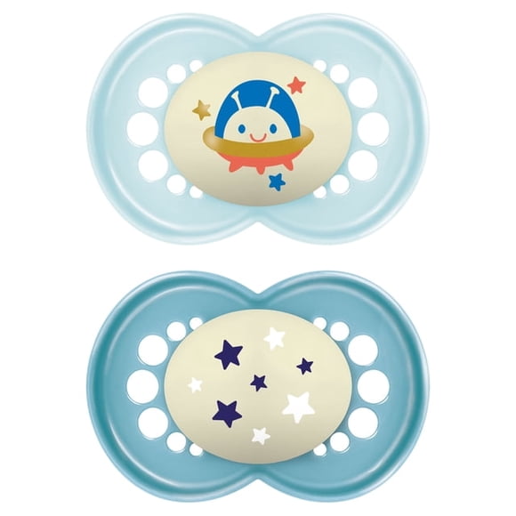 MAM Suce de Nuit en Silicone 6+ Mois, Phosphorescente, Couleurs Assorties, Lot de 2