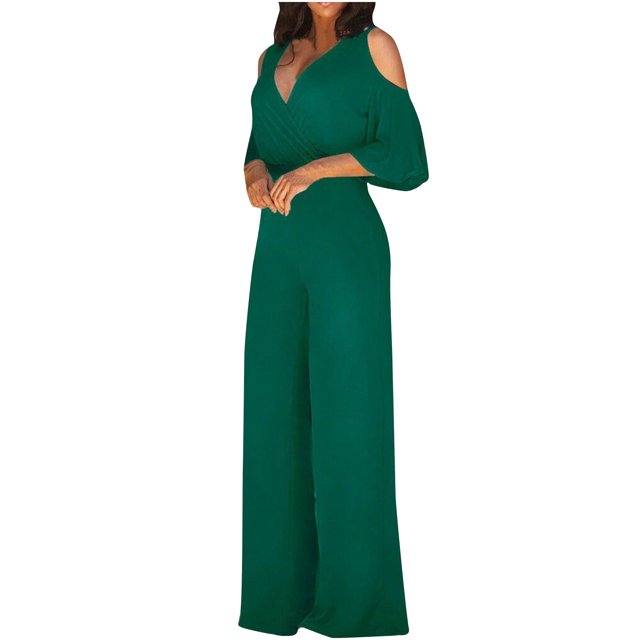 Tumotour Jumpsuits for Women Summer Long Sleeve Ruffle Rompers Comfortable Workout Wide Leg Long Pants Casual Solid Color Loose Overalls with Pockets for Trendy Beach Vacation Outfits