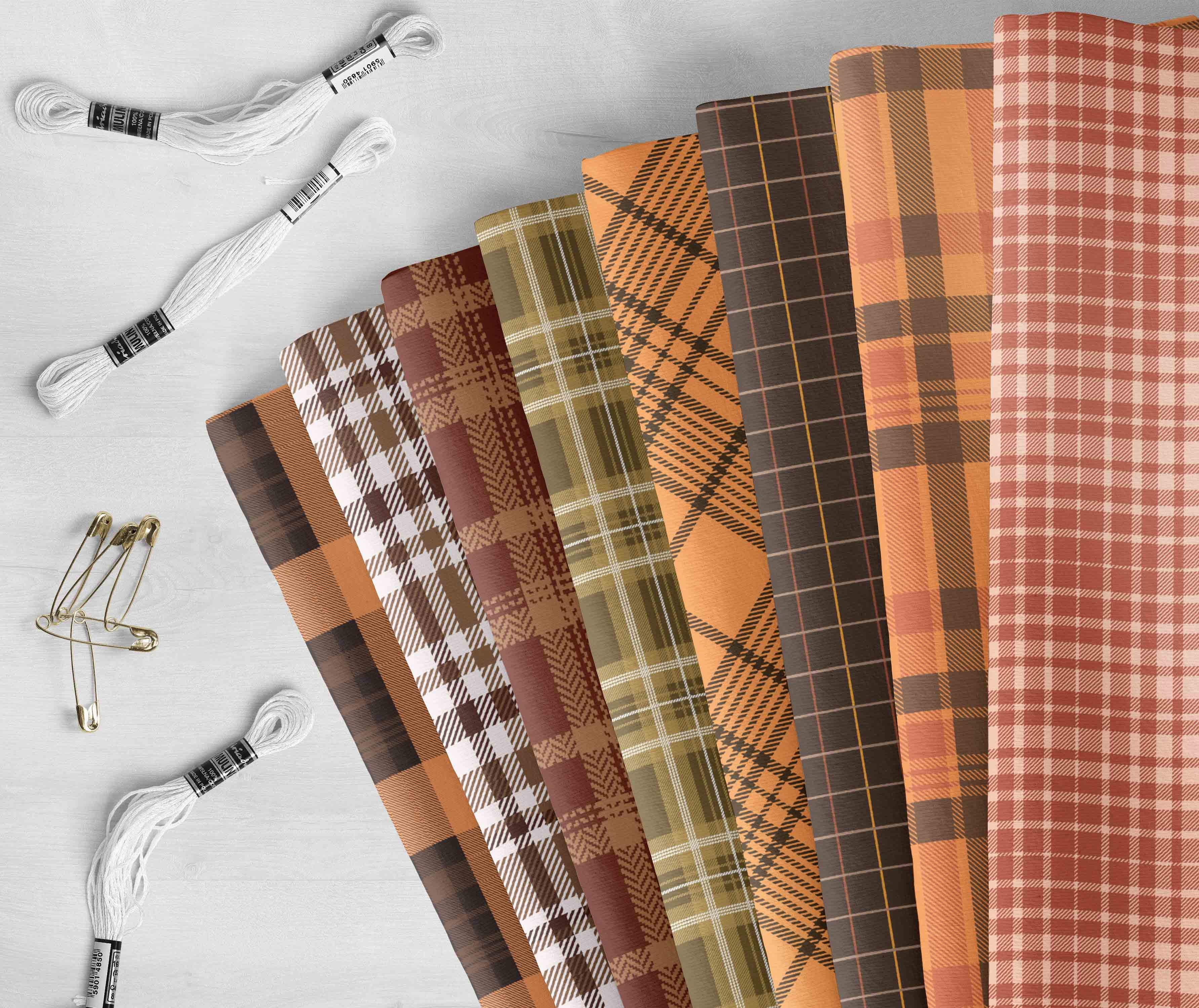 Soimoi 8 Pc Fat Quarter Bundle,Check & TartanPrint 18"x 22"DIY Patchwork-100% CottonPre-Cut Quilting Fabric Orange, Black, Browns