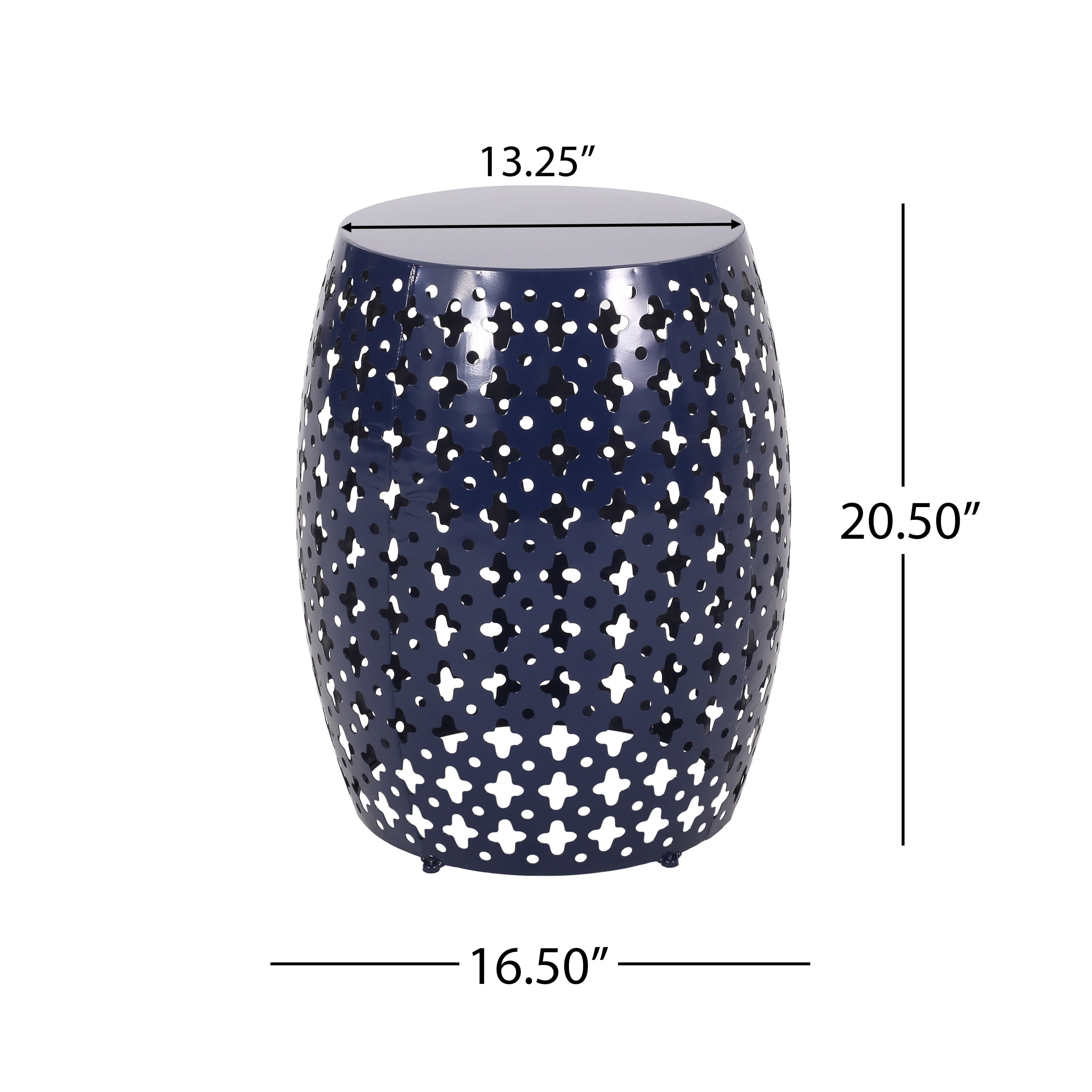 Outdoor Large Cylindrical Side Table, Hollow Out Iron Craft Tabletop for Patio Garden, Navy Blue