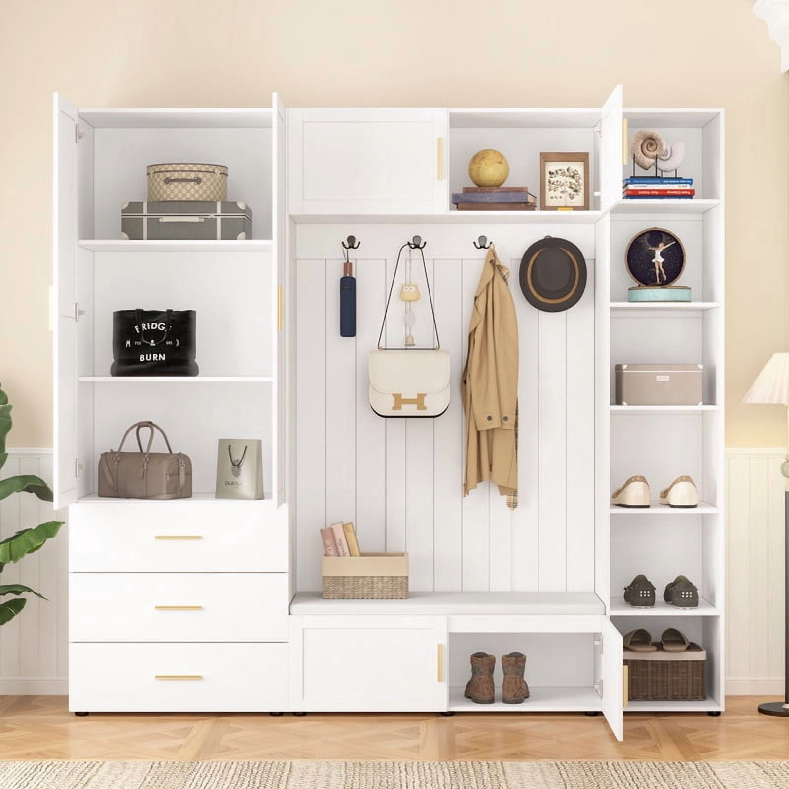 4-in-1 Large Hall Tree with Padded Shoe Bench, Storage Wardrobe Organizer Unit with Cabinets, Hooks, Drawers and Adjustable Shelves