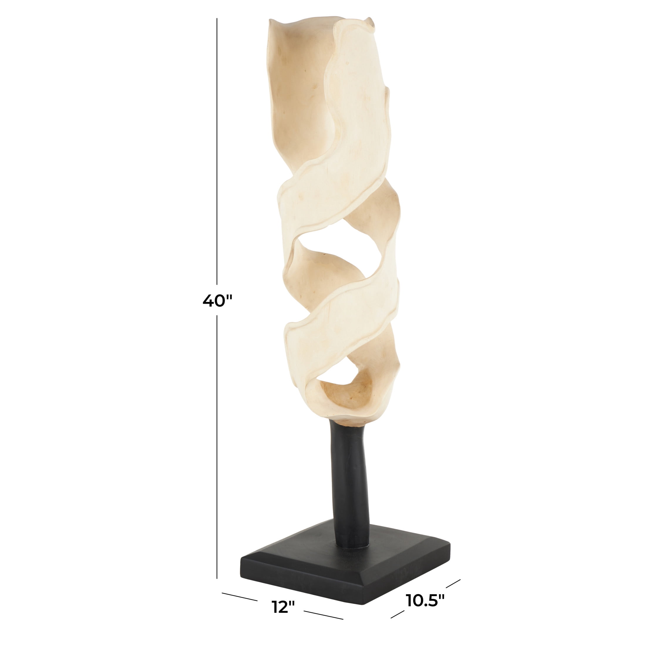 12" x 40" Cream Suar Wood Handmade Live Edge Intertwined Abstract Sculpture with Black Square Base, by DecMode