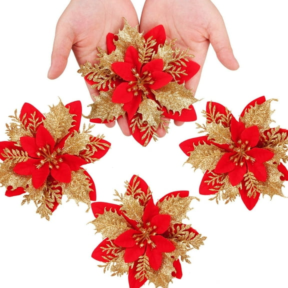 20Pcs Glitter Poinsettias Artificial Christmas Flowers with Clips, Stems Christmas Tree Flowers Decoration Poinsettia Flower Ornaments for Christmas Tree Wedding Party Wreath Decoration, Red
