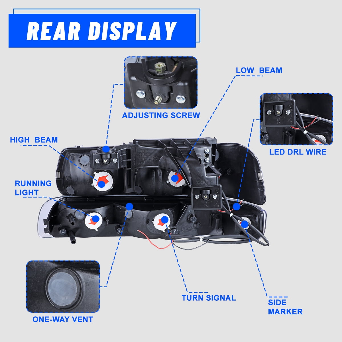 Up_Gear_Performance Black LED Headlights + Bumper Lights For 1999-2002 Chevy Silverado HD – DRL