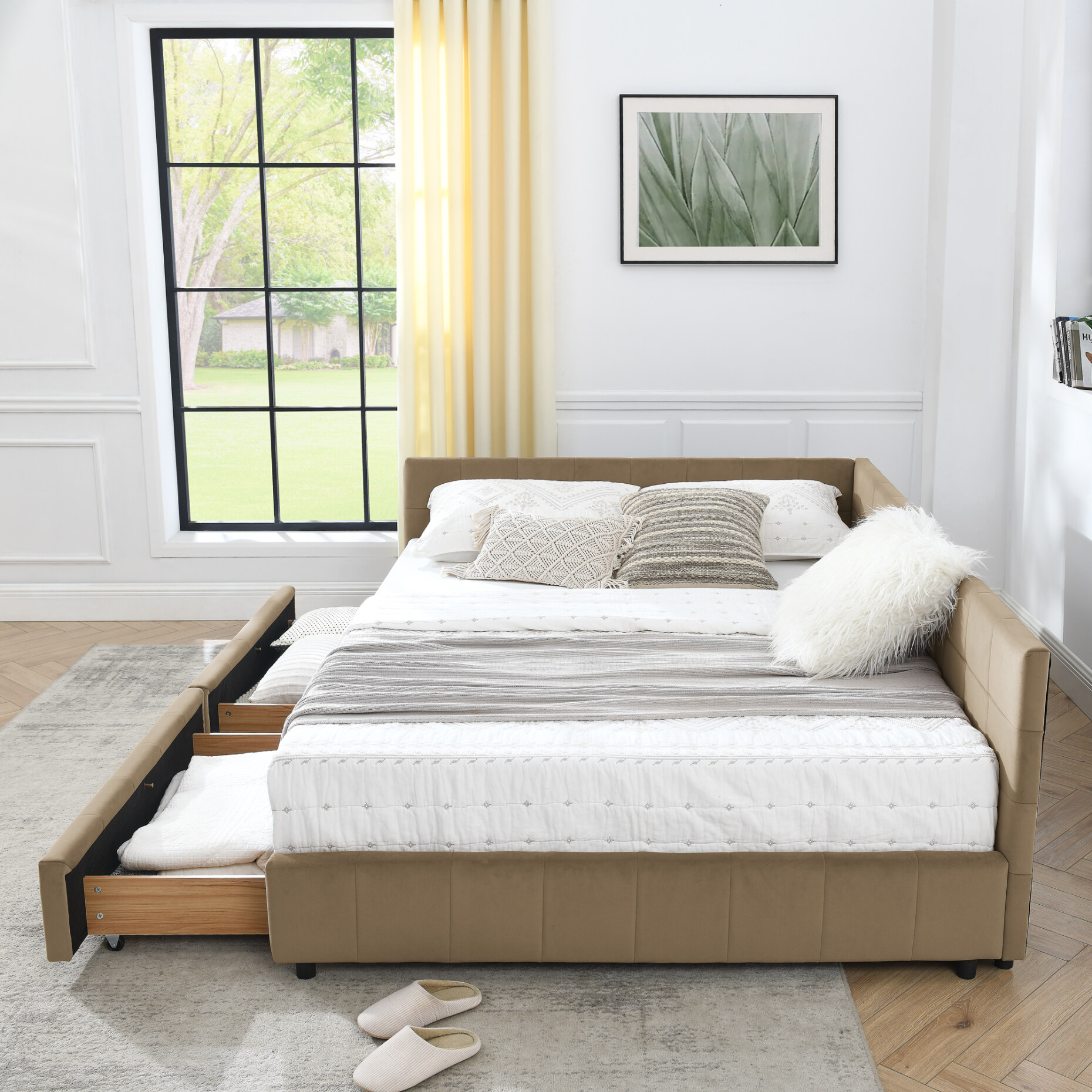 Queen Size Storage Upholstered Tufted Bed Frame with 2 Storage Drawers, Sofa Bed Frame with Comfortable Backrest and Armrests, Velvet Platform Bed for Bedroom, Living Room, No Box Spring Needed, Brown