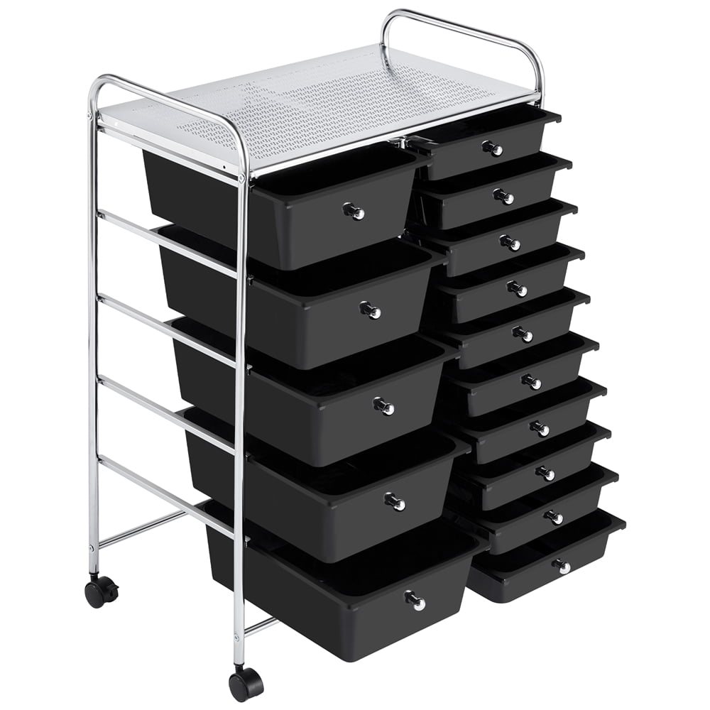 Yaheetech 15 Drawers Rolling Storage Cart Bin Organizer Metal Frame Plastic Drawers, Black