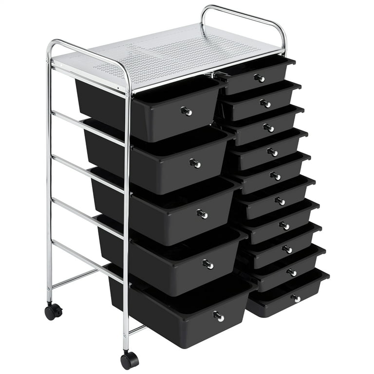Smilemart 15 Drawers Metal Frame Storage Cart, with Lockable Wheels, Black