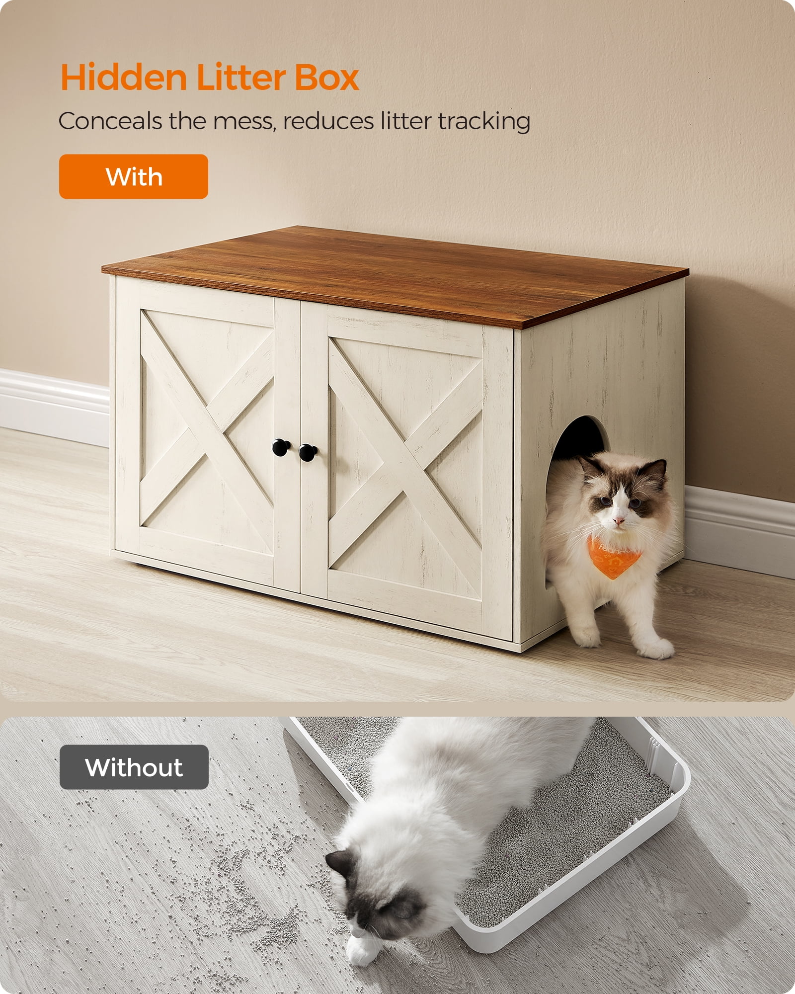 Hidden Cat Litter Box Enclosure Furniture Large Multi-Functional Cat Litter Box Washroom with Removable Divider Rustic White