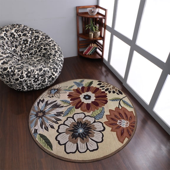 Rugsotic Carpets Hand Tufted Wool Eco-Friendly 8'x8' Area Rugs Round Cream Floral Modern High Pile Thick Handmade Anti Skid Indoor Rug for Living Room, Bedroom K03066