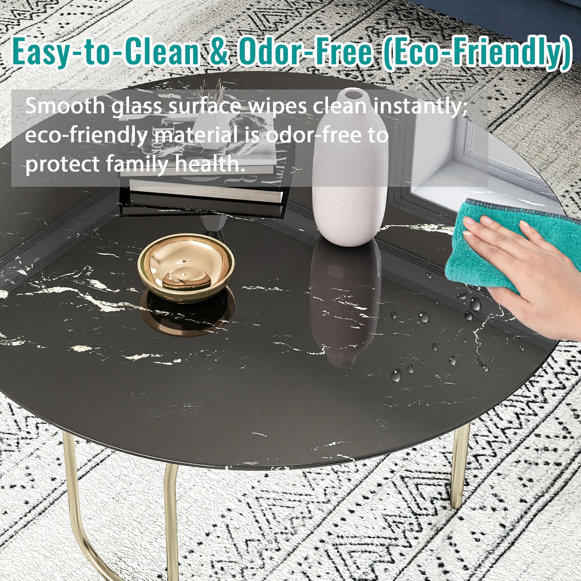 MAYEERTY 30in Round Tempered Glass Table Top, 0.31in Thick Black Gold Vein Marble Print DIY Replacement Table Cover, Heat Scratch Proof Desktop for Small Side Coffee Patio Bistro Table