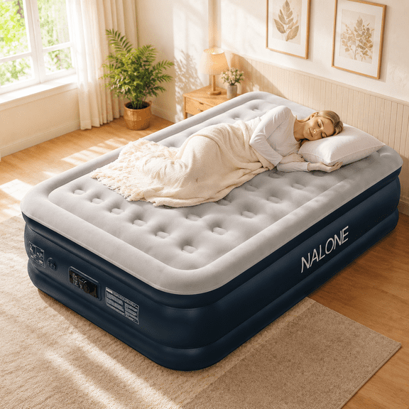 Nalone Twin Air Mattress with Built in Pump, 18 Inflatable Mattress Blow Up Air Beds, Puncture-Resistant, Quick Inflation/Deflation, Portable for camping and Guests 500lbs Everyday Use