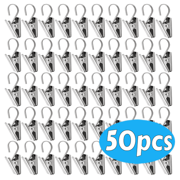 50-Pack Stainless Steel Curtain Clips with Hooks - Small S Hooks for Hanging Curtains, Photos, Decor & Lightweight Items