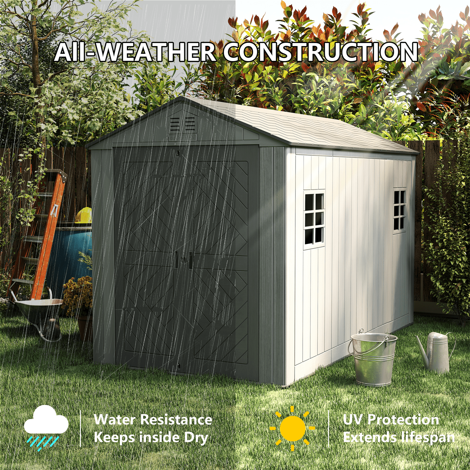 Yardgrace 11x6 Ft Resin Storage Shed with Window & Lockable Door, Double-Layer Plastic Tool Shed with Floor for Tools, Backyard, Patio, Gray