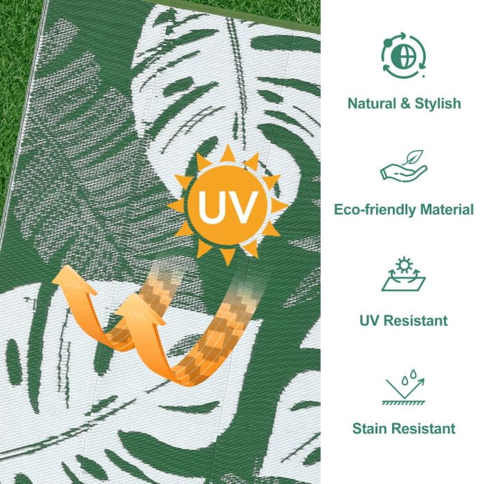 Ataucjin Large Outdoor Rug,8*12ft Waterproof Plastic Straw Rug, Modern Tropics Palm Leaves Camping Rug for Patio, Reversible Mat for Outside Patio RV Porch Deck Balcony
