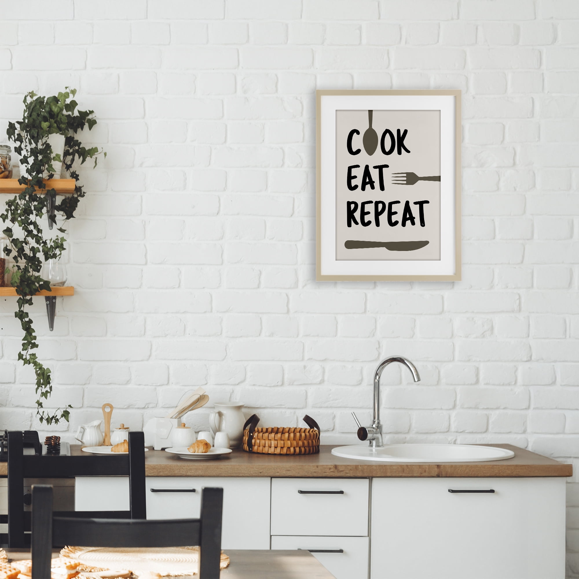 Stupell Industries Cook Eat Repeat with Utensils Birch Framed Print Under Glass, design by Martina Pavlova