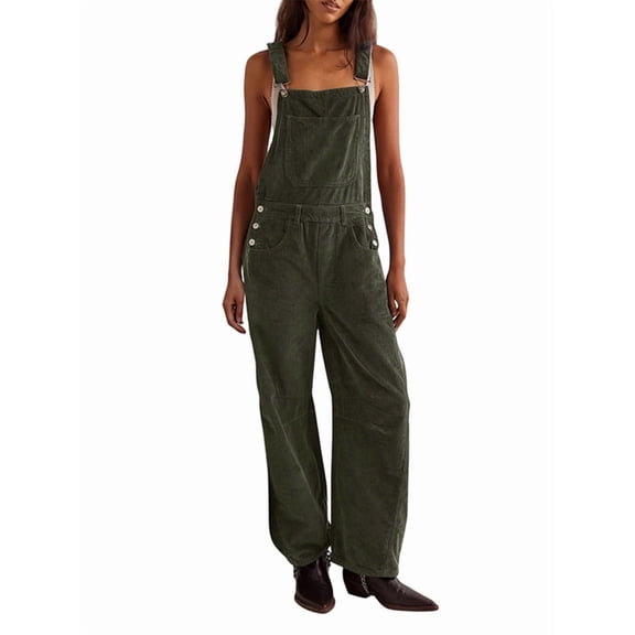 Corduroy Overalls for Women Wide Leg Bib Pants Adjustable Romper Jumpsuit with Pockets Dark Gray L