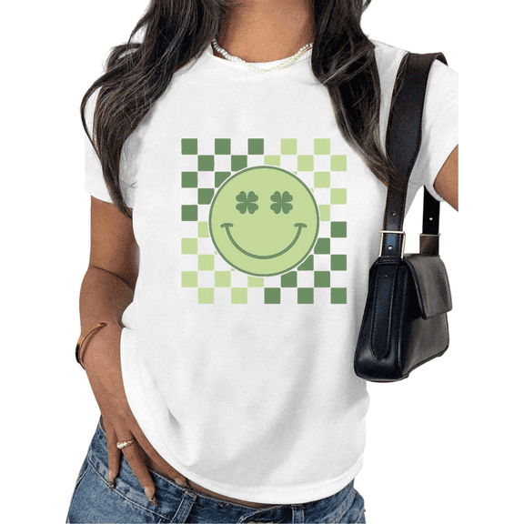 Lucky Green Smiley Face Shamrock Eyes Graphic Tees Print Tshirt White Shirts S-5XL Womens Daily Wear St Patricks Day Tops