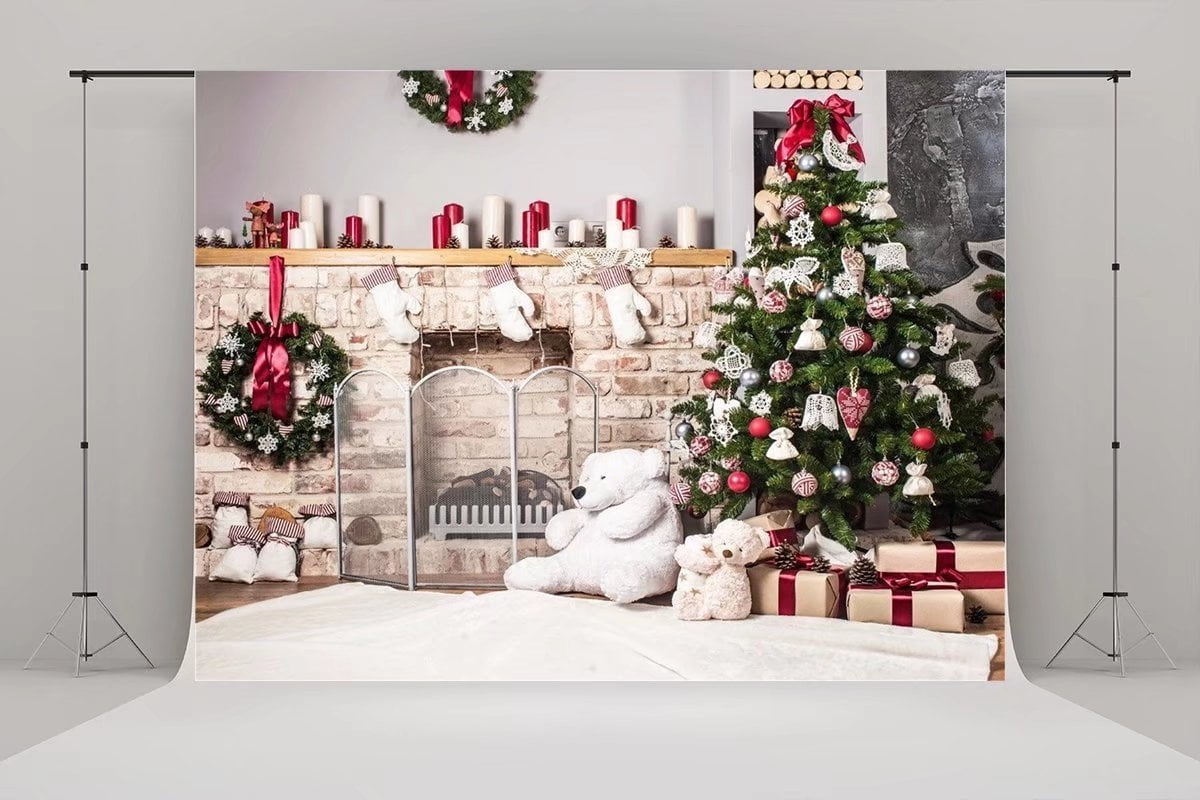 GreenDecor Polyster 7x5ft Christmas Tree Backdrop Photography Brick Wall Fireplace for Photo Studio christmas