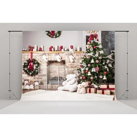 GreenDecor Polyster 7x5ft Christmas Tree Backdrop Photography Brick Wall Fireplace for Photo Studio