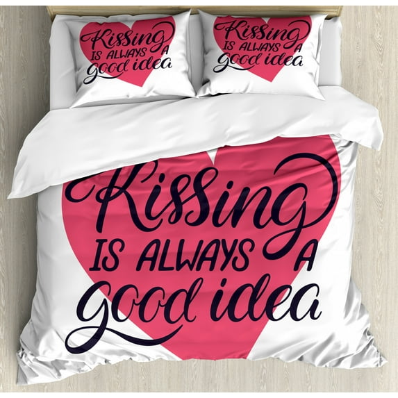 Kissing Duvet Cover Set Queen Size, Romantic Valentines Days Love Themed Saying on Heart Shape Print, Decorative 3 Piece Bedding Set with 2 Pillow Shams, Pink Dark Blue Grey and White, by Ambesonne