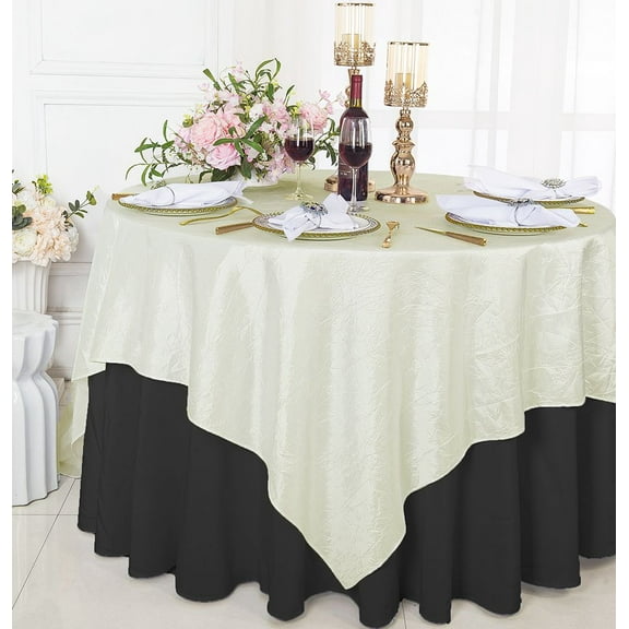 Wedding Linens Inc. 85" Square Crushed Crinkle Taffeta Table Overlay Toppers - Ivory