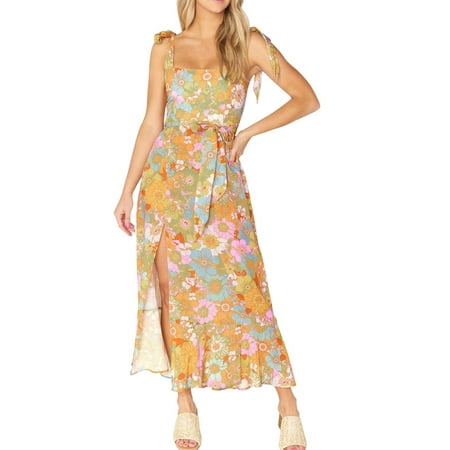 

Cathalem Women s Halter Straps Straps Bustier Open Crushed Flowers With Belt Dress Casual Dress Yellow L