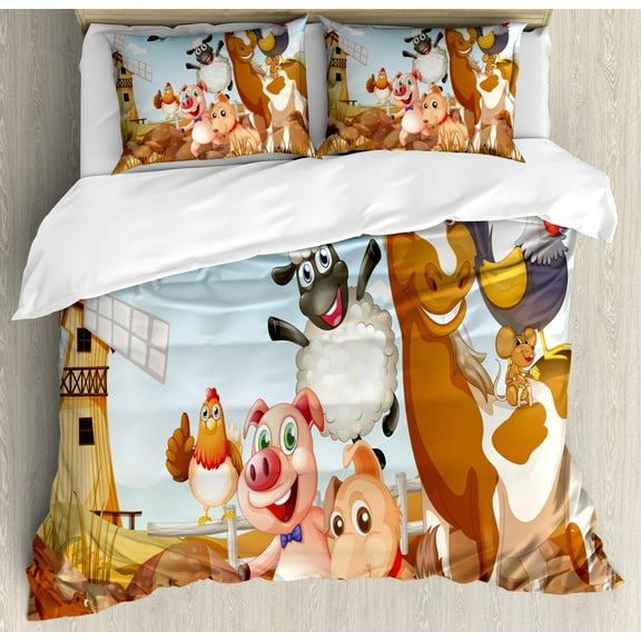 Ambesonne Animal Duvet Cover Set, Animals in Farm Art, King, Pale Blue and Brown