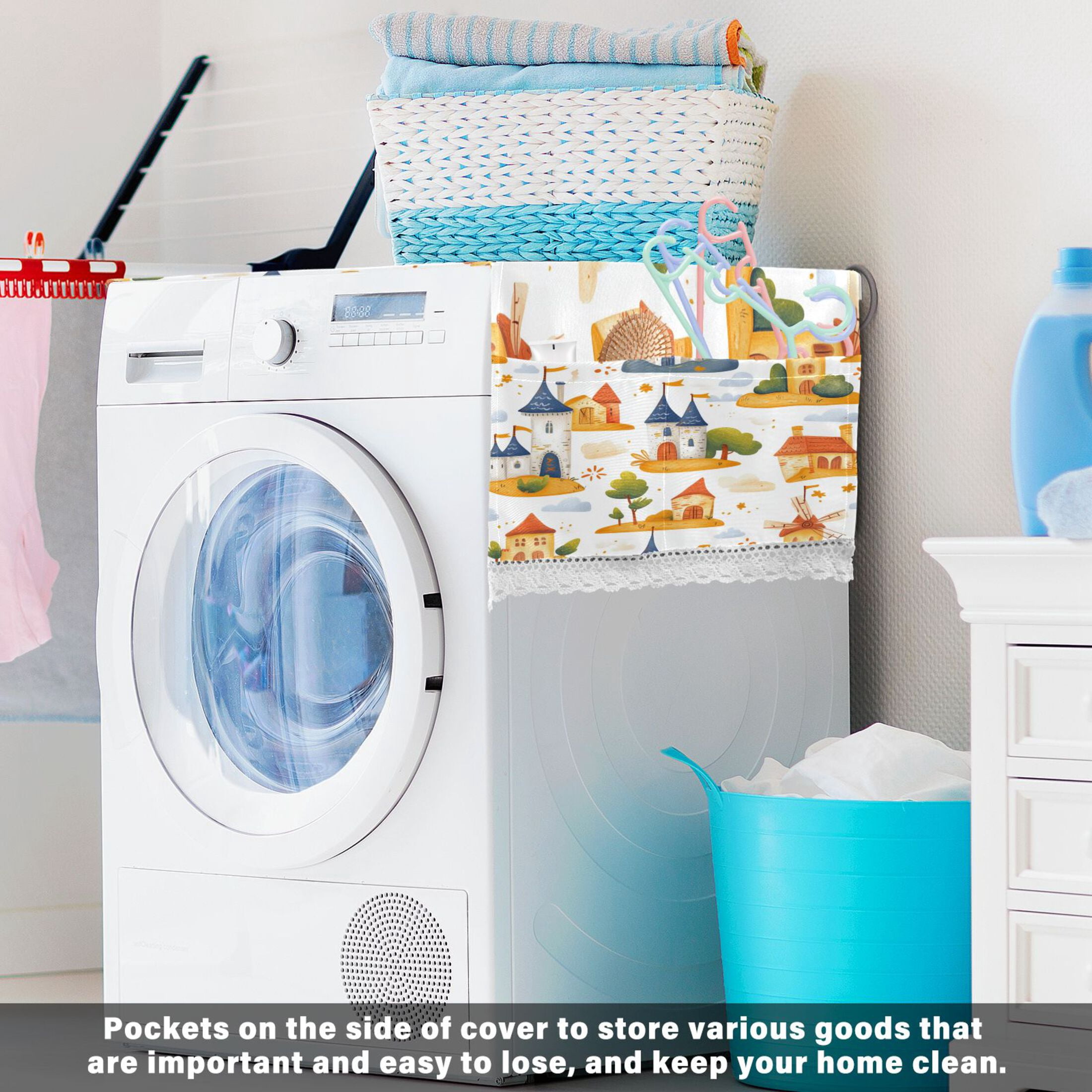 Cartoon Castle and WindmillWasher and Dryer Covers Dust-Proof and Oil Resistant Fridge Cover with 4 Storage Pockets Washing Machine Top Cover for Laundry Kitchen Home 51.2 x 22 In