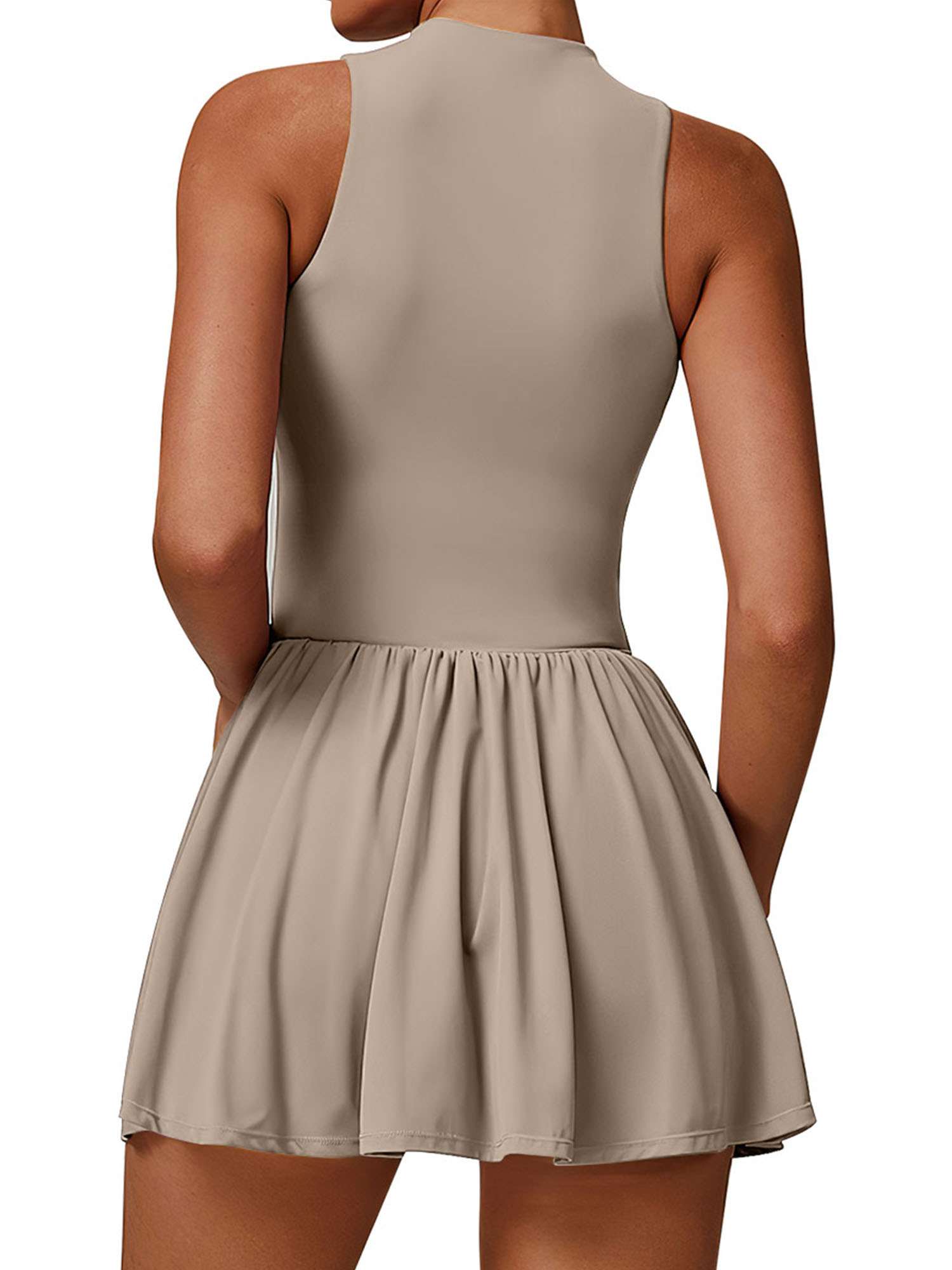 Deago Tennis Dress for Women Sleeveless Golf Dresses with Built-in Bra Shorts and Pockets Slim Fit Zip Up High Neck Golf Outfits (Khaki, L)