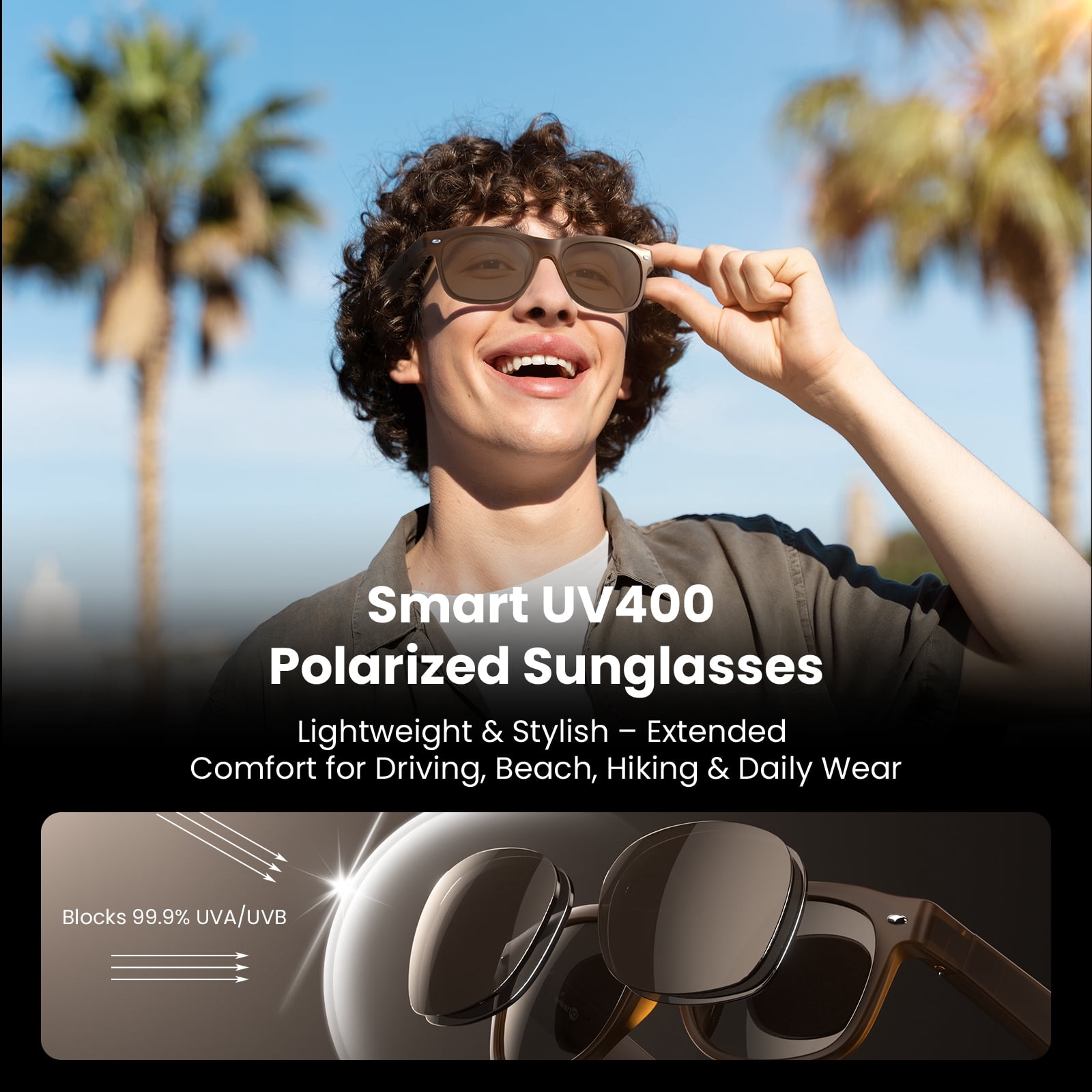 WeariQ Bluetooth Smart Glasses – Brown Audio Sunglasses – Brown Polarized Lenses, Open-Ear Speaker, 10-Hour Playtime, Hands-Free Calls, Voice AssistantHands-Free Calls & Music