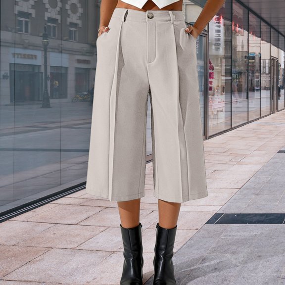 Women's High Waist Wide Leg Cropped Pants, Pleated Front with Pockets, Business Casual Capri Trousers for Summer Office or Daily Wear, Breathable and Lightweight Beige L