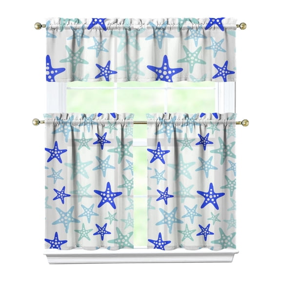 Ocean Marine Kitchen Curtains Set Starfish Coral Fish Tropical Beach Seashells Nautical Seahorse Summer Anchor Mermaid Creatures Sand Seaside Sea Vintage Tier and Valance Rod Pocket Curtain