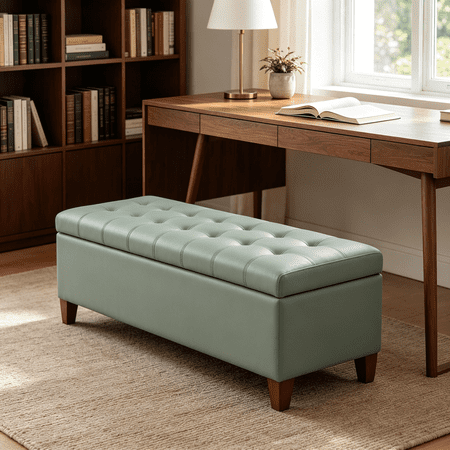 Ottoman with Storage 51 Inch End of Bed Storage Bench Faux Leather Upholstered Ottoman with Hinged Lid Rectangle Long Foot Rest Bench for Entryway Living Room Bedroom Light Green