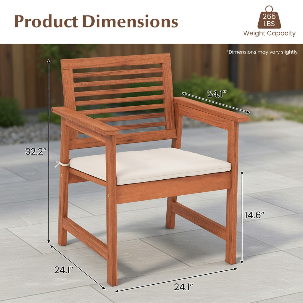 Hommoo 2-Pack Solid Wood Patio Dining Chairs with Off-White Cushions, Breathable Slatted Seat, Ergonomic Design for Backyard, Balcony & Poolside, Natural