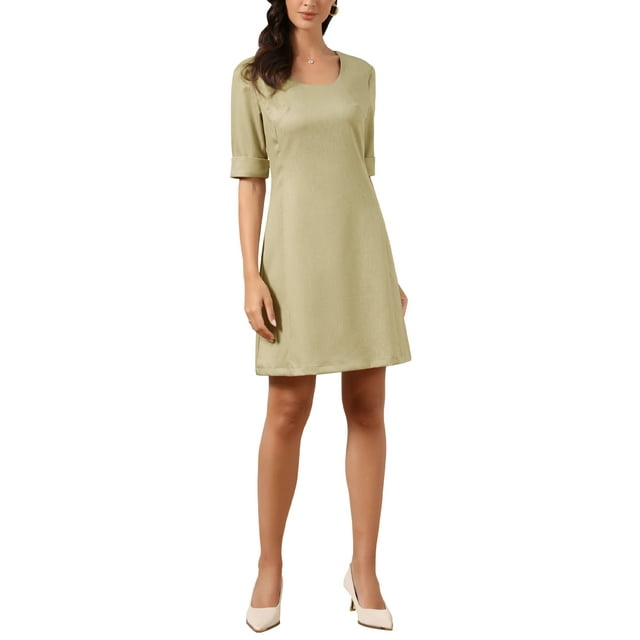 Vestidos Midi para Mujeres Verano de Manga Corta Cuello Redondo A-Line Vestidos de Negocios Casual para Oficina Talla XS Caqui