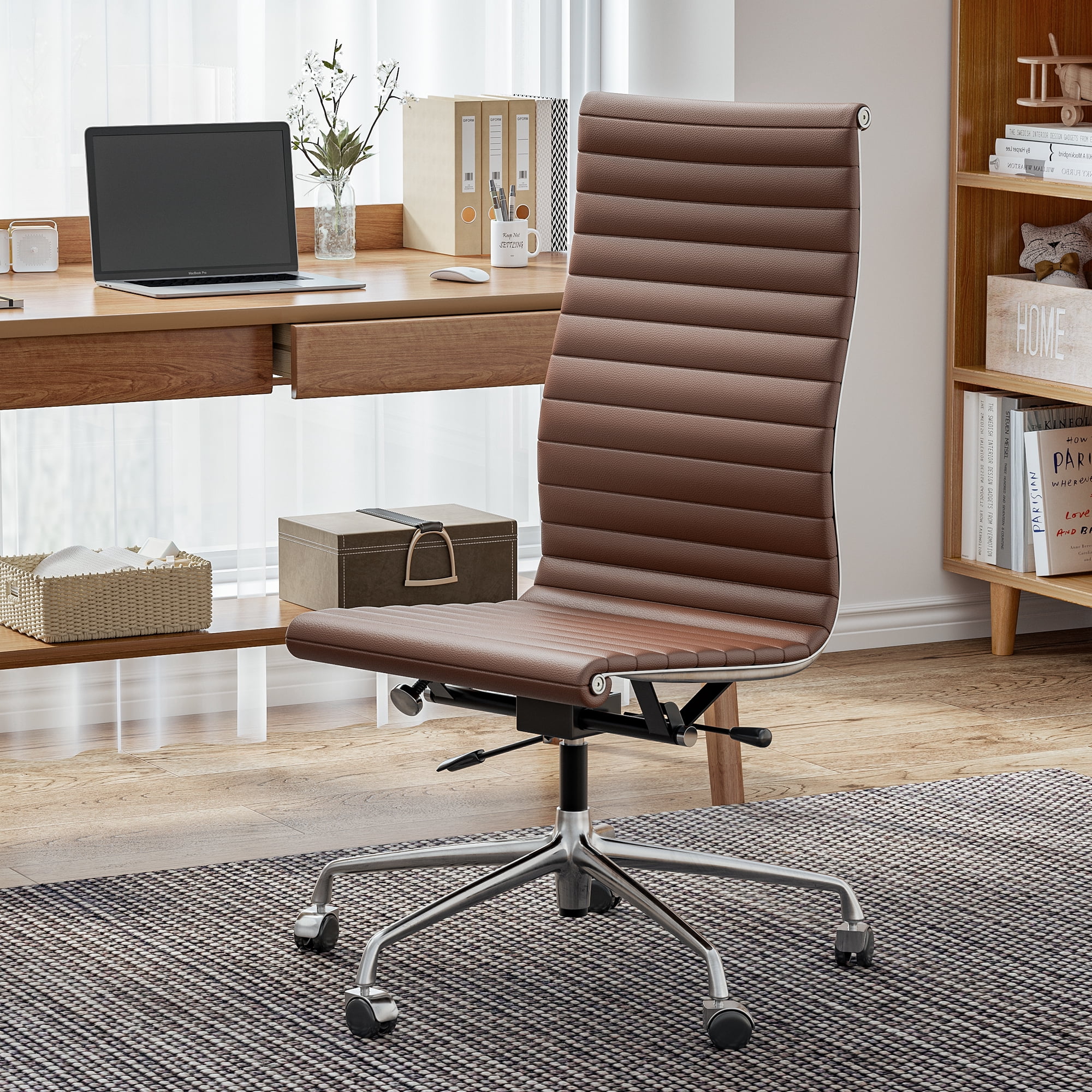 Raffle Pinker Ribbed Genuine Leather Office Desk Chair High Back Armless Executive Conference Room Chair Adjustable Computer Chair Swivel Chair for Home Office, Brown