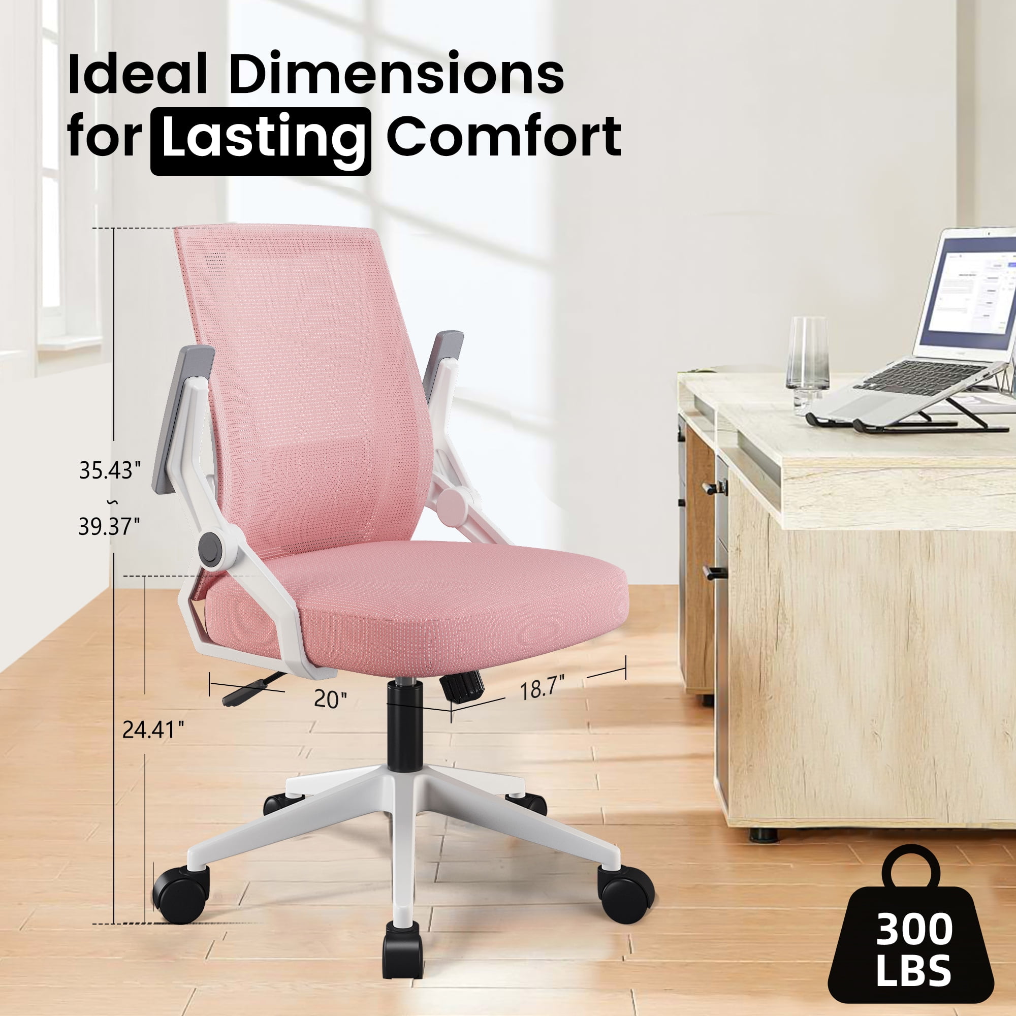 CloudRest Pro Mid Back Mesh Office Chair with Flip-Up Armrests for home office, Pink
