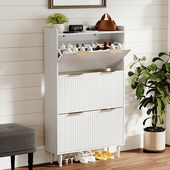 Ktaxon Fluted Shoe Cabinet with 3 Flip Drawers, Narrow Shoes Storage for Entryway, White