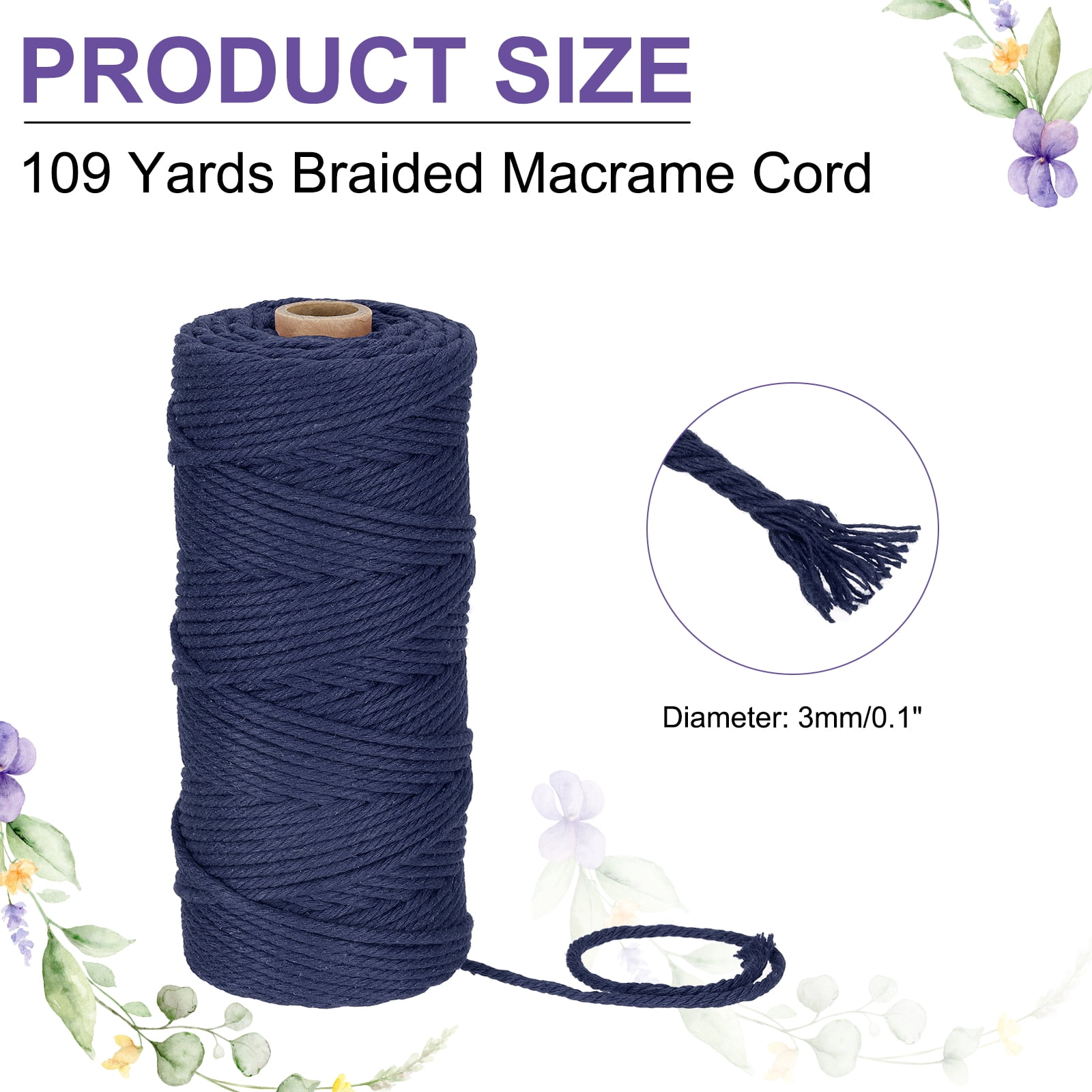 Braided Macrame Cord, 3mm x 109 Yards Natural Cotton Rope Macrame Yarn Bohemia Craft String with Scissors(Navy)