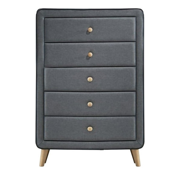 Transitional Style Wood and Fabric Upholstery Chest with 5 Drawers, Gray