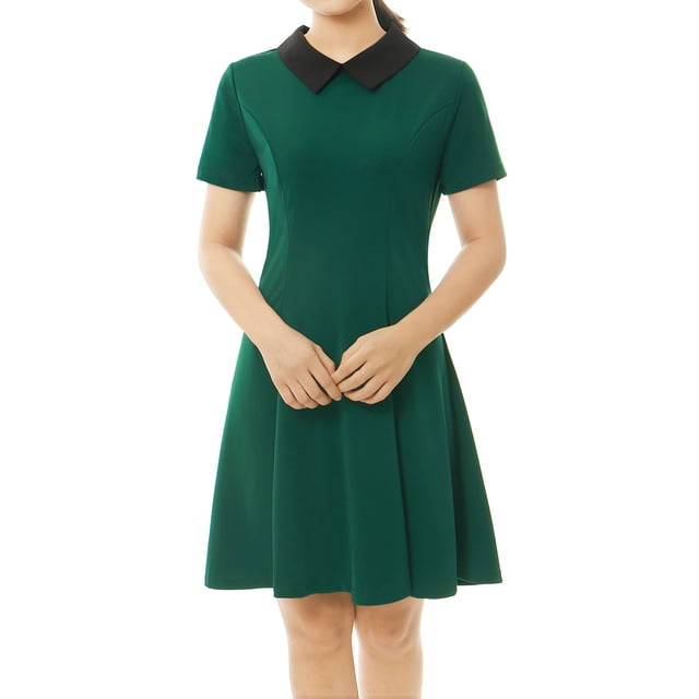 INSPIRE CHIC Robe Évasée à Manches Courtes à Col Contrastant pour Femme Peter Pan TG Vert