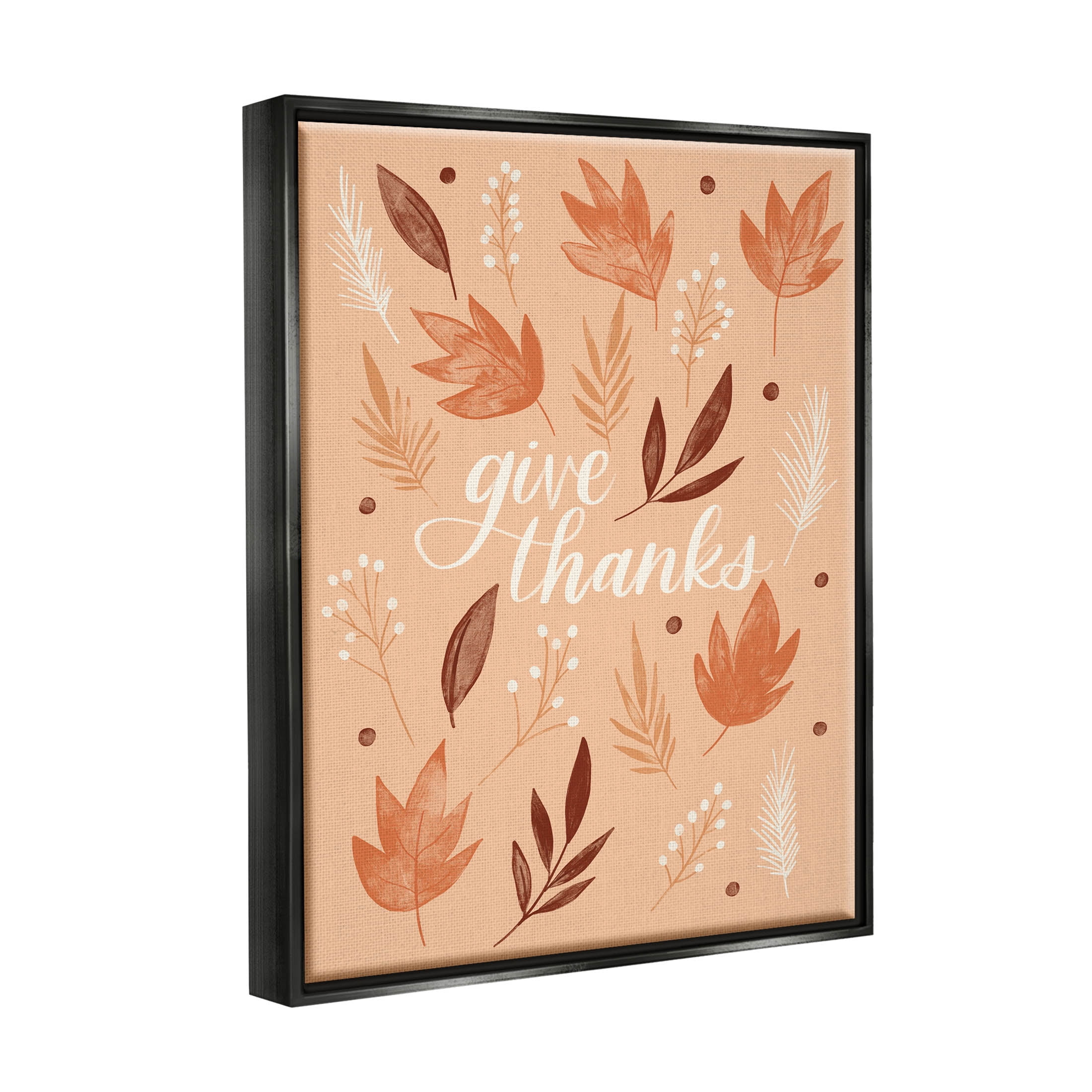 Give Thanks Autumnal Leaves Holiday Graphic Art Jet Black Framed Art Print Wall Art
