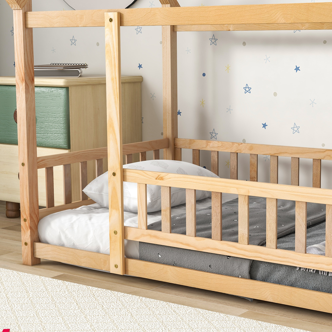 Twin Size Wooden Bed with House Roof Frame, House Bed Frame with Fence Guardrails for Girls Boys Teens, Natural