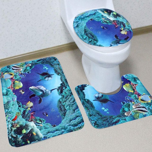 Abraza el encanto del océano, juego de cortinas de ducha con diseño de mundo submarino, alfombras antideslizantes, alfombrilla de baño, tapa de inodoro, delfín para niños, tela de poliéster, juego de